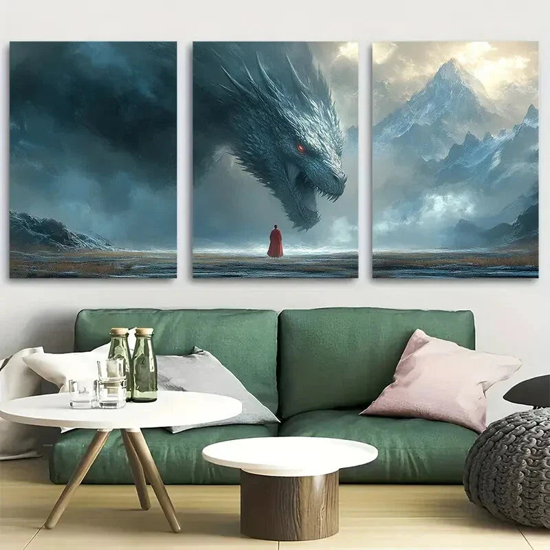 3pcs Woman Confronting Dragon in Misty Mountains Metal Print Ready to Hang Art