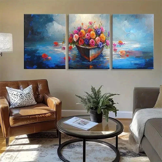 3pcs Colorful Flower Vibrant Floral Boat Perfect Wall Art Set Canvas Framed 40x60cm - High Quality Print 100% Australian Made Wall Canvas Ready to Hang