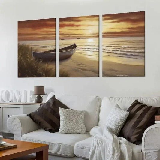 3pcs Ocean Seascape with Boat at Sunset Wall Art Set Canvas Framed 40x60cm - High Quality Print 100% Australian Made Wall Canvas Ready to Hang