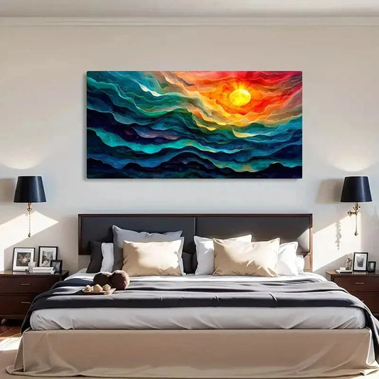 Waves & Sunrise Ocean Abstracct Wall Art Canvas Office Home Room Framed 120x60cm