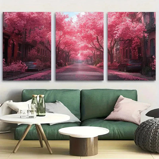 3pcs Vibrant Pink Trees & Cobblestone Pathway Metal Print Ready to Hang Art