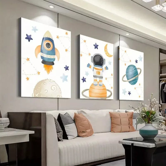 3pcs Cartoon Astronaut and Planets Canvas Framed 40x60cm - High Quality Print 100% Australian Made Wall Canvas Ready to Hang