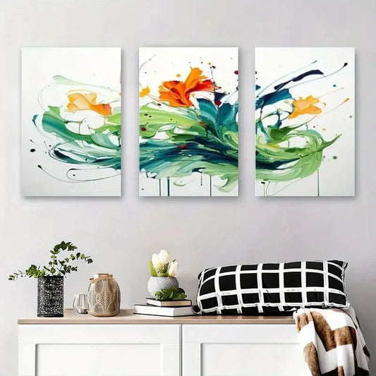 3pcs Vibrant Colorful Flowers with Fluid Design Metal Print Ready to Hang Art