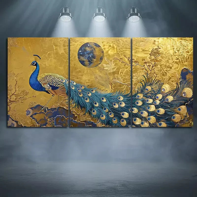 3pcs Peacock & Moon Art Canvas Framed 40x60cm - High Quality Print 100% Australian Made Wall Canvas Ready to Hang