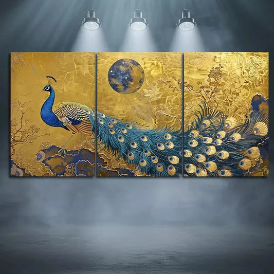 3pcs Peacock & Moon Art Canvas Framed 40x60cm - High Quality Print 100% Australian Made Wall Canvas Ready to Hang