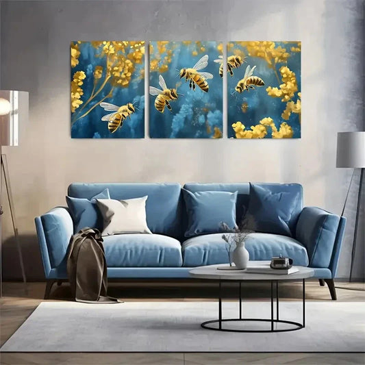 3pcs Summer Busy Honeybees Digital Metal Print Ready to Hang Art
