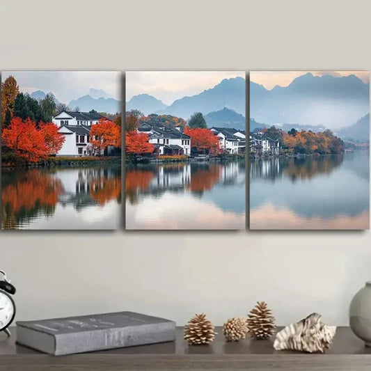3pcs Vibrant Red Trees & Reflective Water Metal Print Ready to Hang Art