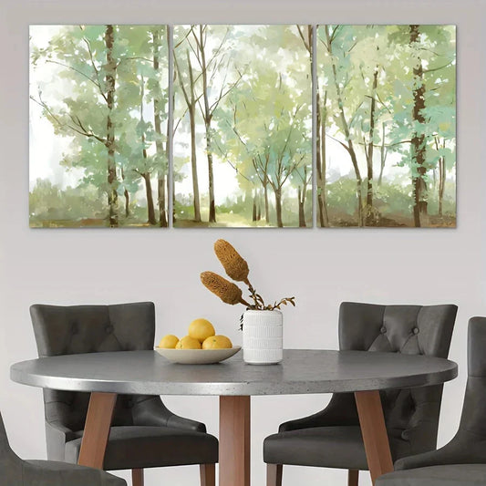 3pcs Abstract Big & Tall Green Trees Oil Painting Metal Print Ready to Hang Art