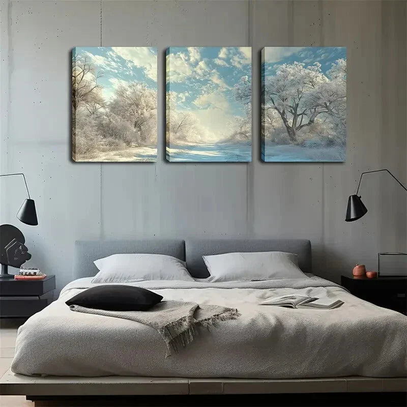 3pcs Winter Woods, White Snow Wall Art Set Canvas Framed 40x60cm - High Quality Print 100% Australian Made Wall Canvas Ready to Hang