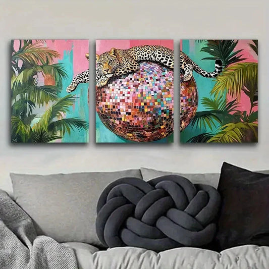 3pcs A Leopard On A Disco Ball Painting Art Metal Print Ready to Hang Art