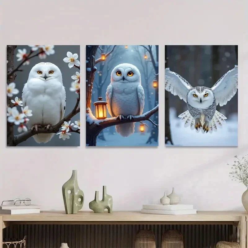 3pcs White Owl Magpies Cherry Blossoms Nature Wall Art Set Canvas Framed 40x60cm - High Quality Print 100% Australian Made Wall Canvas Ready to Hang