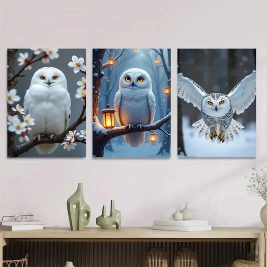 3pcs White Owl Magpies Cherry Blossoms Nature Wall Art Set Canvas Framed 40x60cm - High Quality Print 100% Australian Made Wall Canvas Ready to Hang