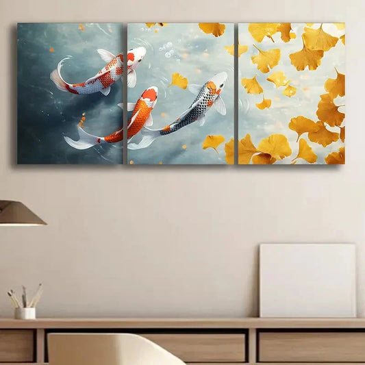 3pcs Watercolor Koi Fish and Fall Leaves Perfect Wall Art Set Canvas Framed 40x60cm - High Quality Print 100% Australian Made Wall Canvas Ready to Hang