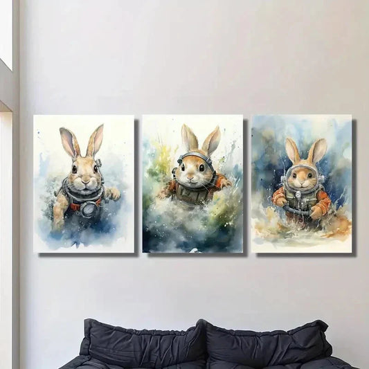 3pcs Vintage Watercolor Rabbit Diving, Metal Print Ready to Hang Art