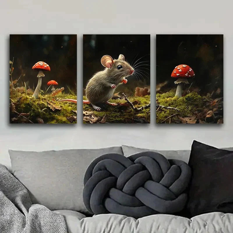 3pcs Small field mouse on mossy Metal Print Ready to Hang Art