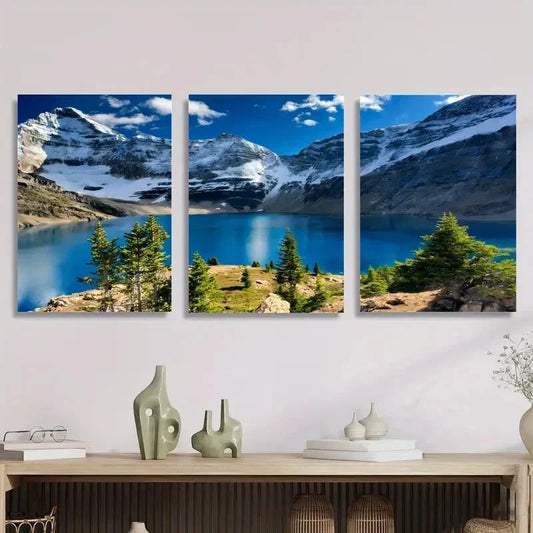 3pcs Painting of Tranquil Lakes & Majestic Mounts Metal Print Ready to Hang Art