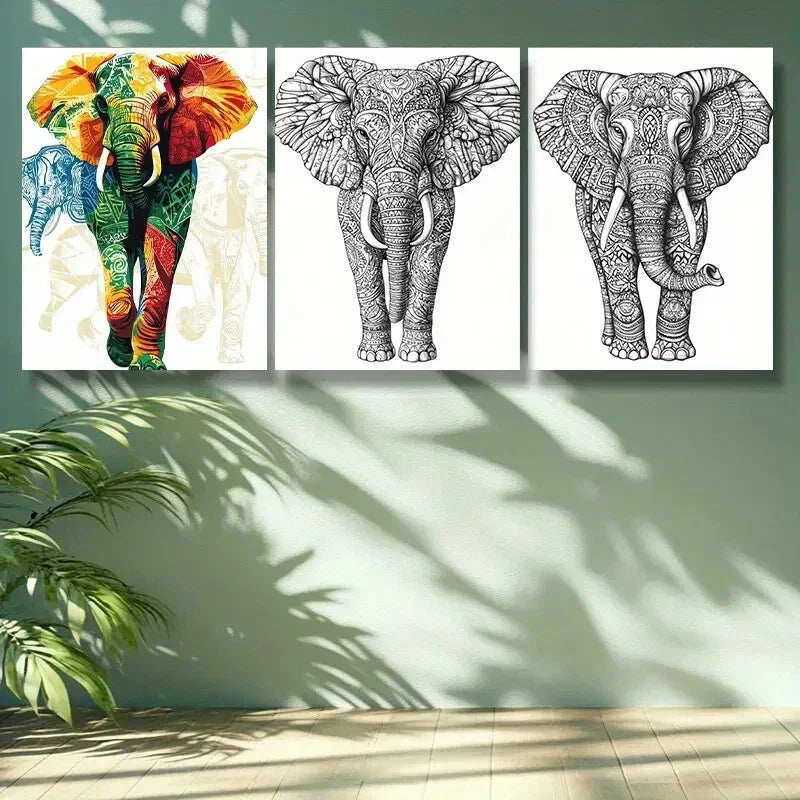 3pcs  Stylized elephant Art Painting Metal Print Ready to Hang Art