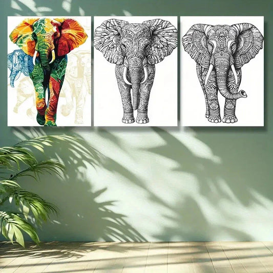 3pcs  Stylized elephant Art Painting Metal Print Ready to Hang Art