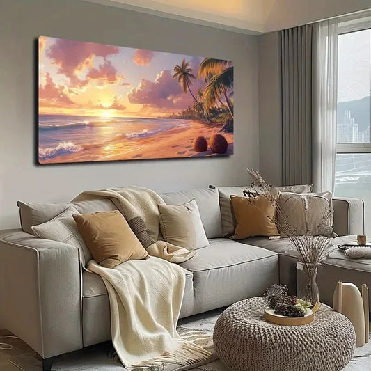 Tropical Sunset Beach Scene Wall Art canvas office home room framed 80x45cm