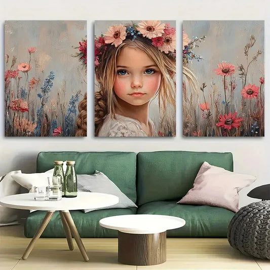 3pcs Youngsters Girl Floral Crown & Floral Field Metal Print Ready to Hang Art