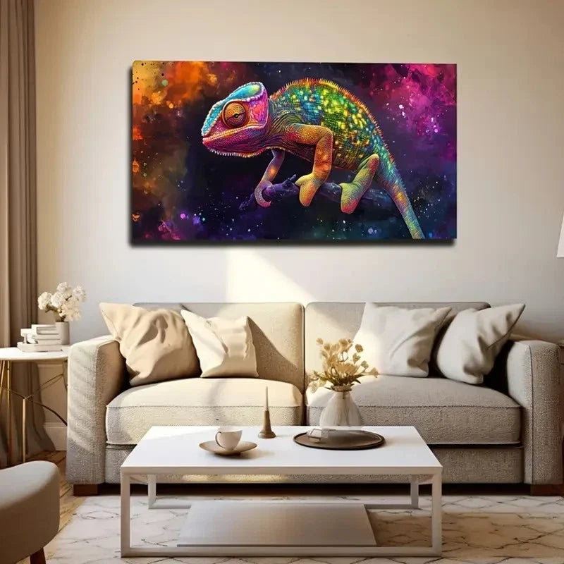 Chameleon Portrait Colourful Wall Art Canvas Office Home Room Framed 80x45cm