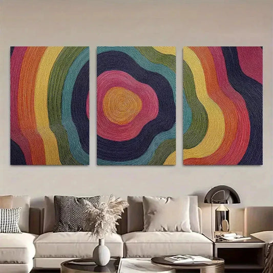 3pcs Vibrant Boho Abstract Rainbow Waves & Tree Metal Print Ready to Hang Art
