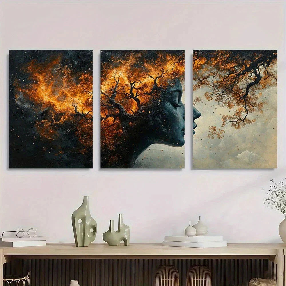 3pcs Vibrant Abstract Human & Tree Design Metal Print Ready to Hang Art