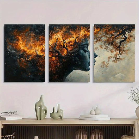 3pcs Vibrant Abstract Human & Tree Design Metal Print Ready to Hang Art