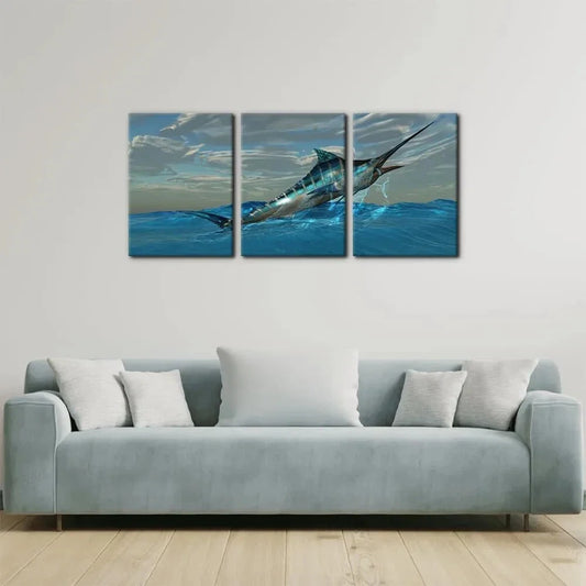 3pcs Vibrant Ocean Scene Marlin Fish Tropical Metal Print Ready to Hang Art