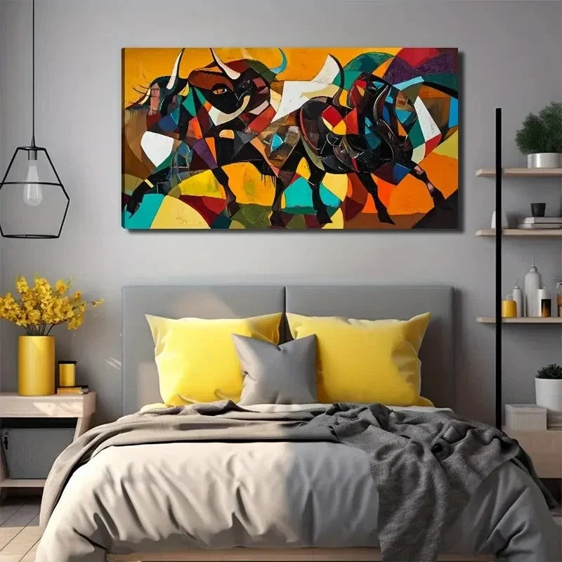 Battle Of Two Bulls Perfect Wall Art Canvas Office Home Room Framed 80x45cm