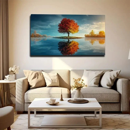 Vibrant Red Maple Tree Wall Art canvas office home room framed 120x60cm