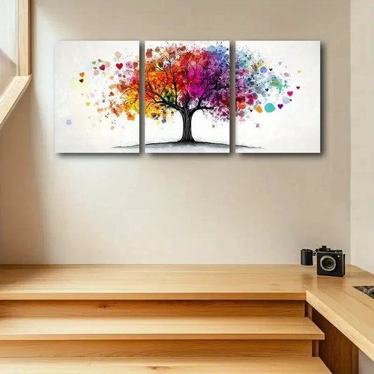 3pcs Tree Design with Vibrant Leaves & Hearts Metal Print Ready to Hang Art