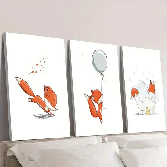 3pcs   Vibrant Cartoon Foxes in Playful Scenes  Wall Art Set Canvas Framed 40x60cm - High Quality Print 100% Australian Made Wall Canvas Ready to Hang