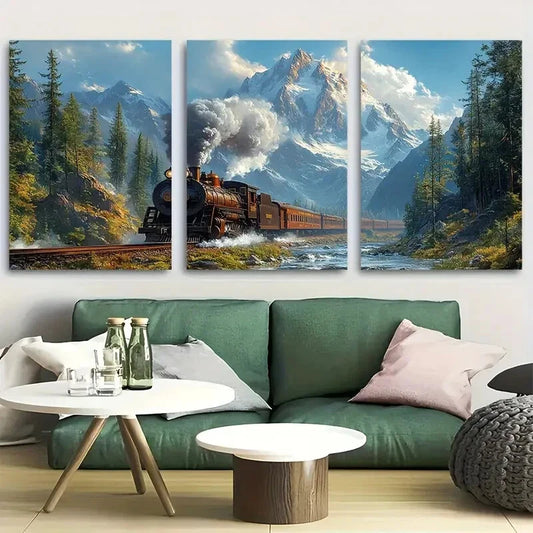3pcs Steampunk Train In The Mountains Metal Print Ready to Hang Art