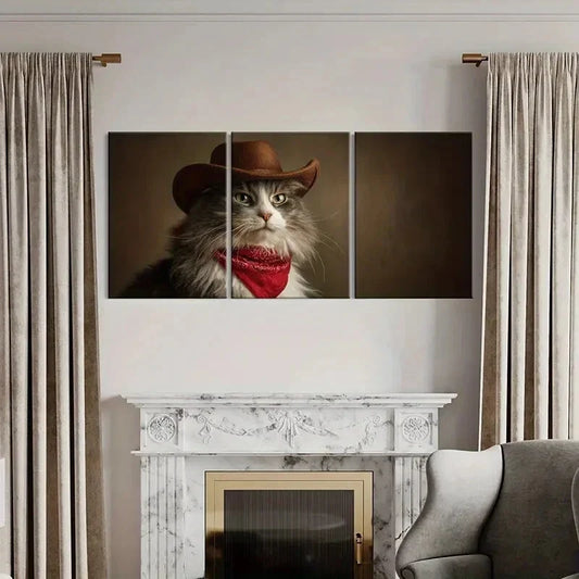 3pcs Western Cat Vintage Cowboy Hat & Red Bandana Metal Print Ready to Hang Art