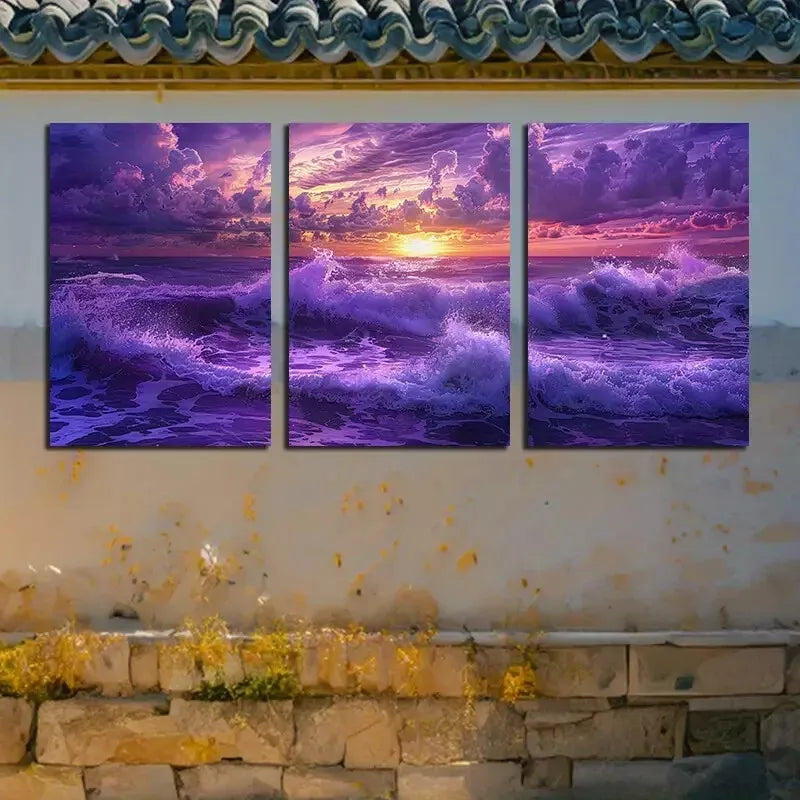 3pcs Purple Ocean Under The Setting Sun Canvas Framed 40x60cm - High Quality Print 100% Australian Made Wall Canvas Ready to Hang