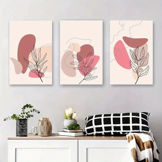3pcs Abstract Pink and Beige Leaf Minimalist Metal Print Ready to Hang Art