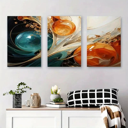 3pcs Fluid Design of Orange and Blue Bubbles Metal Print Ready to Hang Art