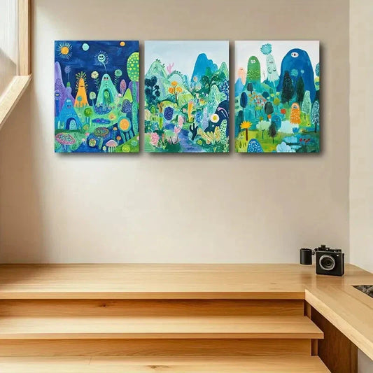 3pcs Whimsical Nature Scenes with Mushrooms Metal Print Ready to Hang Art