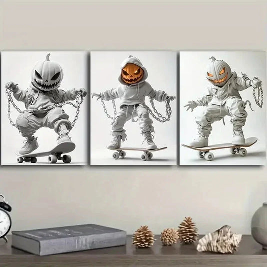 3pcs Featuring a Sinister Pumpkin Metal Print Ready to Hang Art