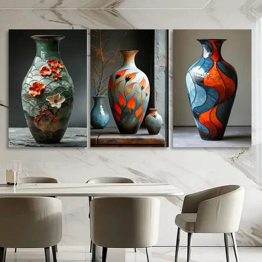 3pcs Colourful Painted Florals Vase Metal Print Ready to Hang Art