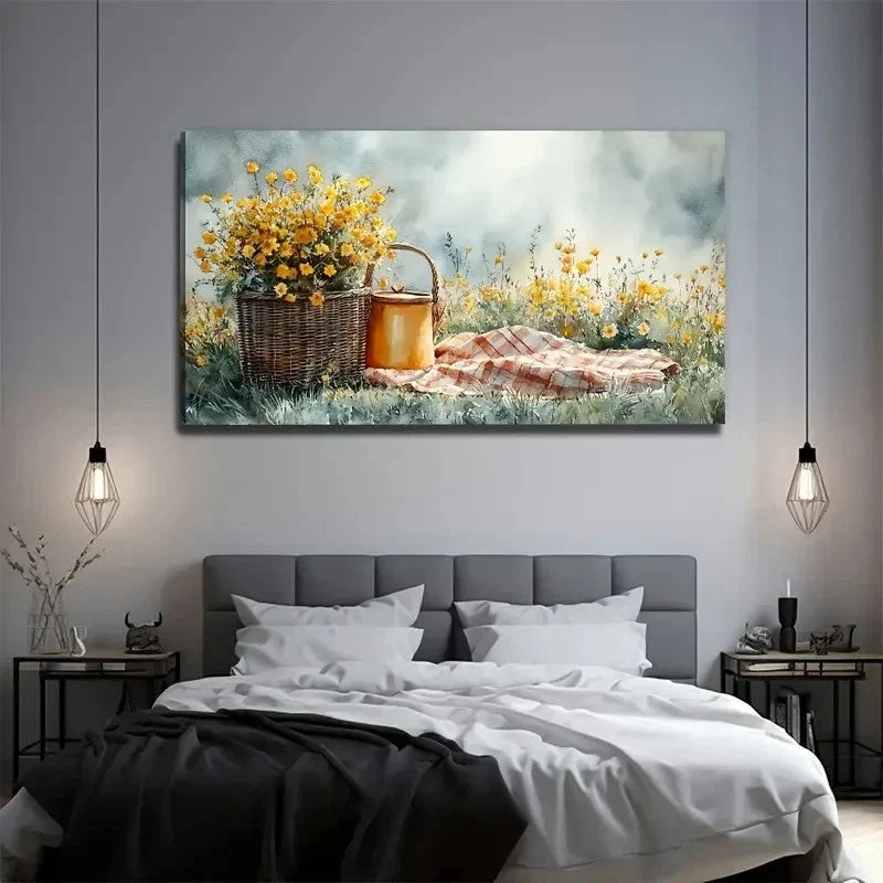 Yellow Flowers In The Meadow Wall Art Canvas Office Home Room Framed 120x60cm