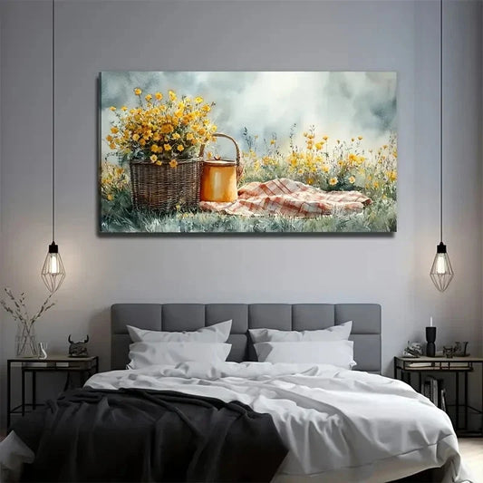Yellow Flowers In The Meadow Wall Art Canvas Office Home Room Framed 120x60cm