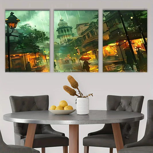 3pcs Poetic Landscape Rainy Golden Lights Metal Print Ready to Hang Art