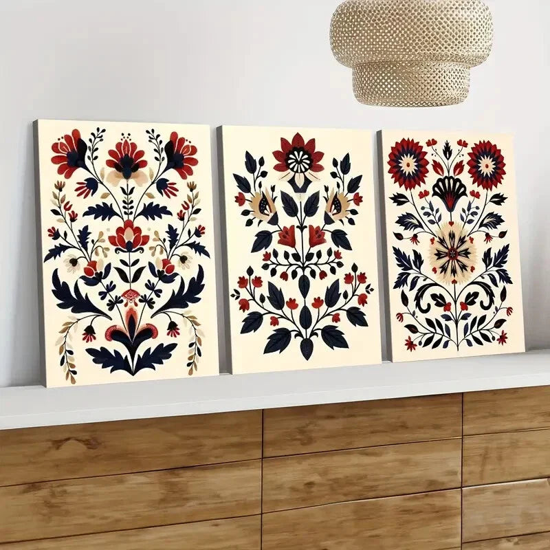 3pcs Red Flowers Nordic Style Scandian Folk Art Wall Art Set Canvas Framed 40x60cm - High Quality Print 100% Australian Made Wall Canvas Ready to Hang