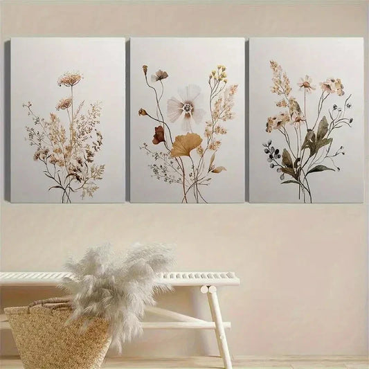 3pcs Elegant Botanical with Golden-Hued Flowers Metal Print Ready to Hang Art