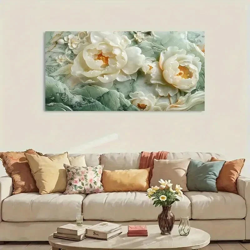 White Peony Green Leaves wall canvas office home room framed 120x60cm