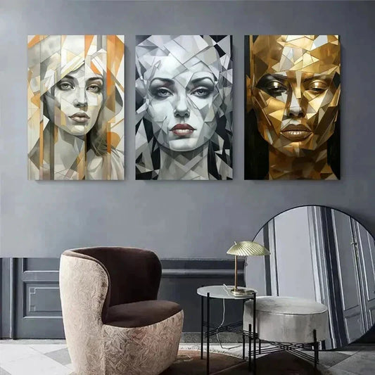 3pcs Abstract Faces with Golden and Silvery Tones Metal Print Ready to Hang Art