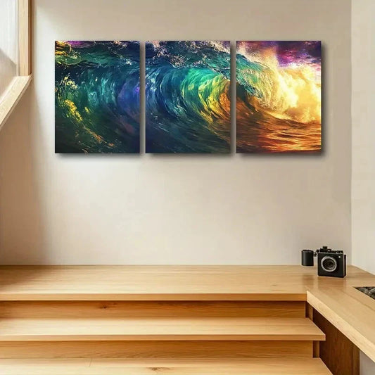 3pcs Modern Vibrant Abstract Ocean Waves Metal Print Ready to Hang Art