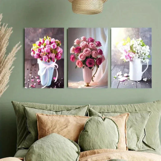 3pcs Rose Bouquets, Wildflower Bouquets Metal Print Ready to Hang Art